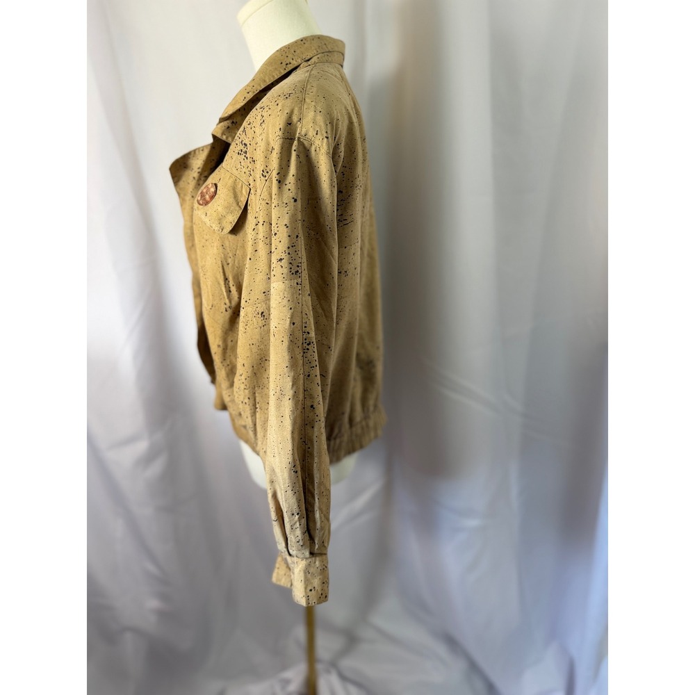Vera Cristina Vintage 100 Silk Splatter Print Cropped Bomber Jacket Tan Large - Picture 4 of 11